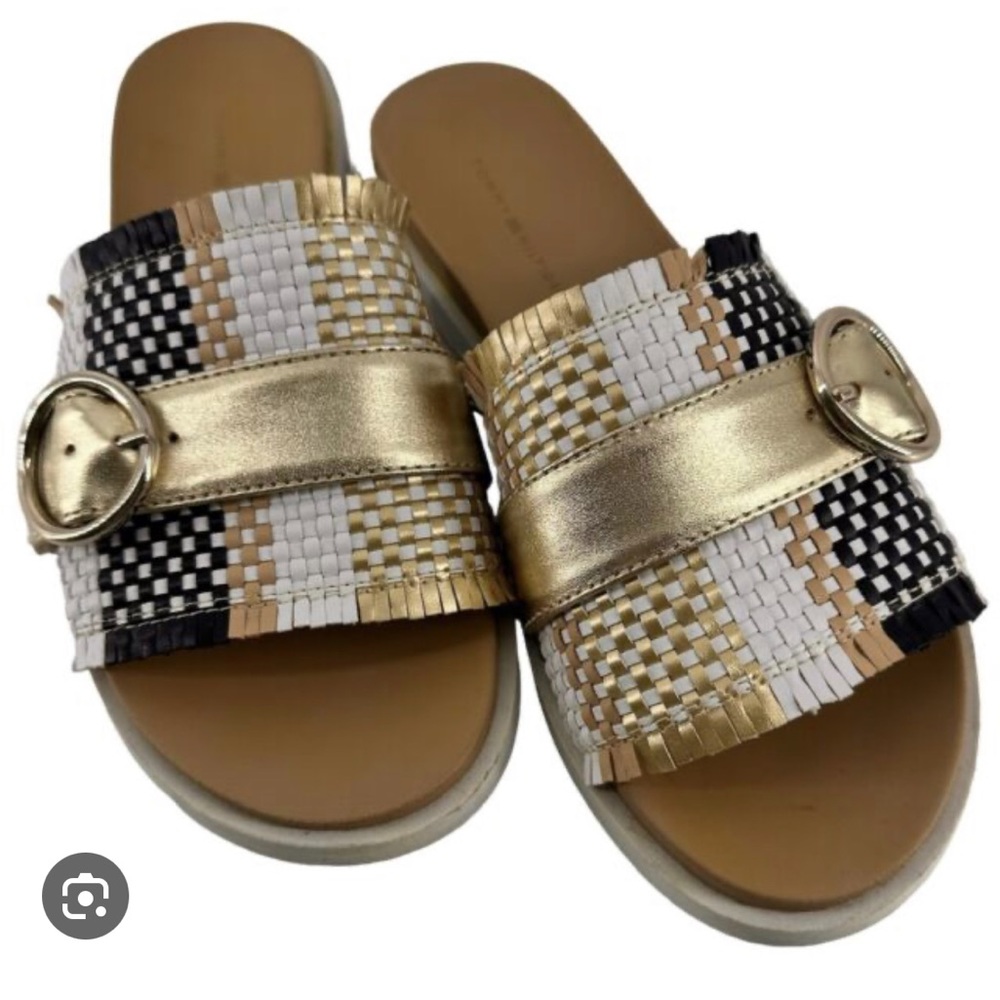 Tommy Hilfiger Slides Womens 7.5M Open Toe Dressy Gold Black White Woven Sandals